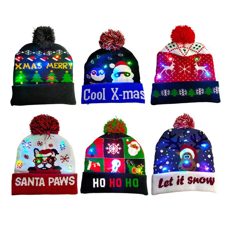 2024 New LED Christmas Hat Christmas Flash Light Up Knitted Hat Christmas Gift for Kids/Adults Xmas New Year Party Decorations